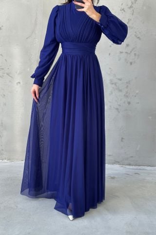 Şifon Kumaş Piliseli Kuşak Detaylı Tesettür Abiye Saks Mavisi