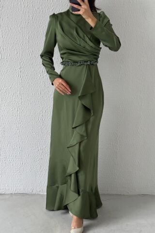 Satin Hijab Evening Dress Light Khaki with Bead Detail at the Waist