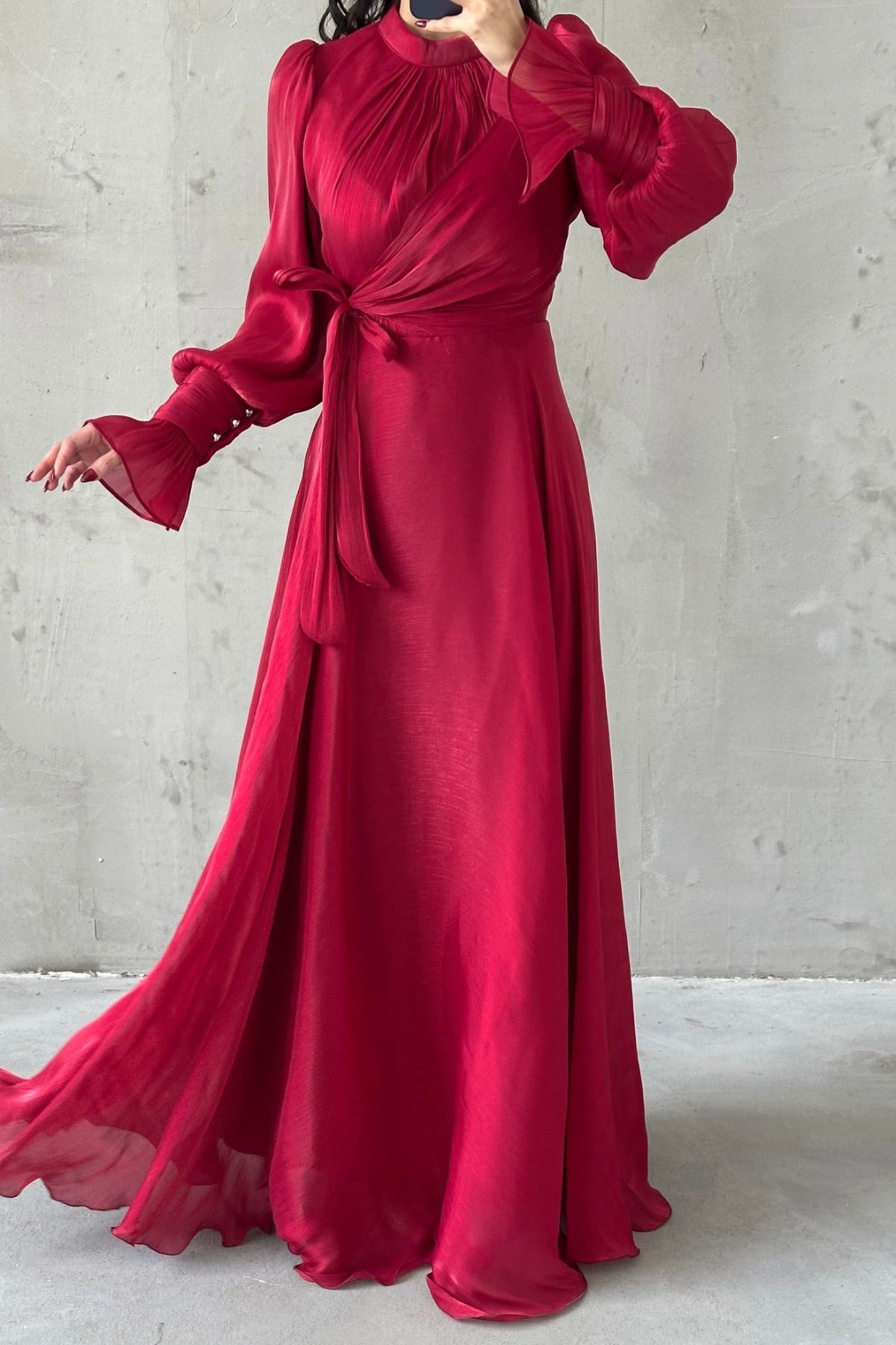 Shiny Sleeve and Waist Detailed Modest Evening Dress Burgundy