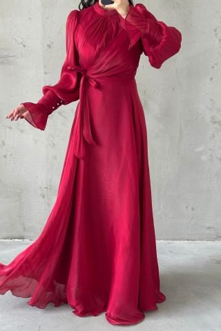 Işıltılı Kol Ve Bel Detaylı Tesettür Abiye Bordo