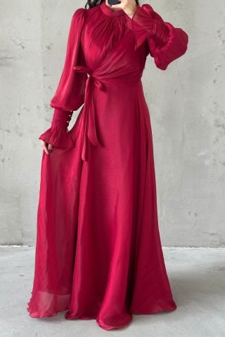 Shiny Sleeve and Waist Detailed Modest Evening Dress Burgundy