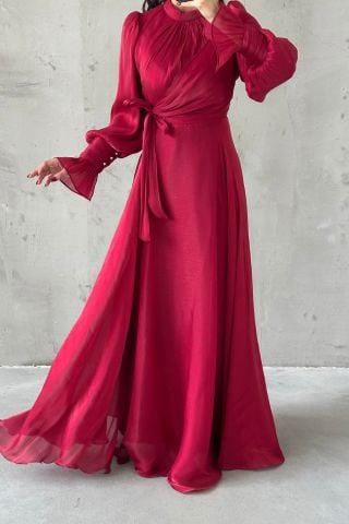 Shiny Sleeve and Waist Detailed Modest Evening Dress Burgundy
