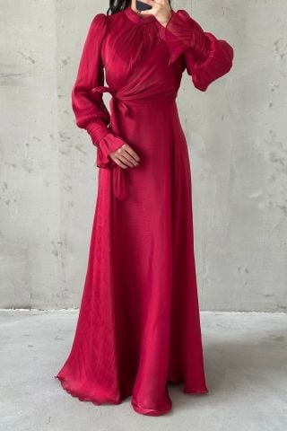 Shiny Sleeve and Waist Detailed Modest Evening Dress Burgundy