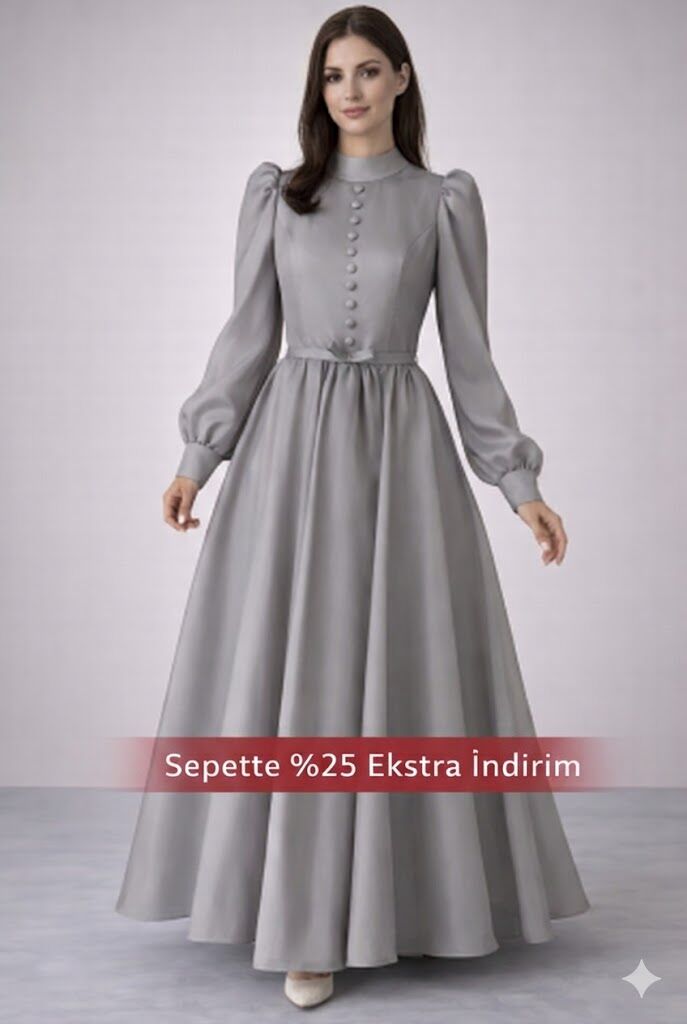 Şık Düğme Detaylı İnce Kemerli Organze Tesettür Abiye Gri