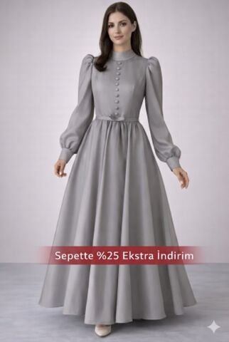 Şık Düğme Detaylı İnce Kemerli Organze Tesettür Abiye Gri