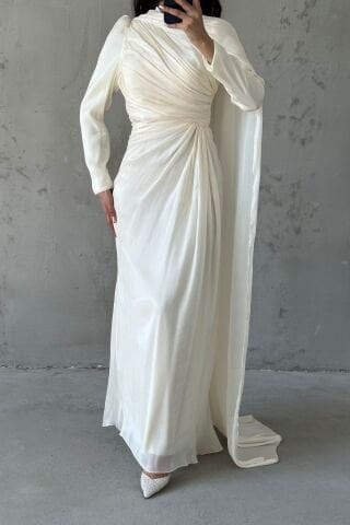 Janjan Hijab Evening Dress Cream with Cape Detail on the Shoulder