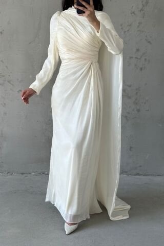 Omuzdan Pelerin Detaylı Janjan Tesettür Abiye Krem