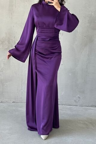 Kuyruk Detaylı Saten Tesettür Abiye Mor