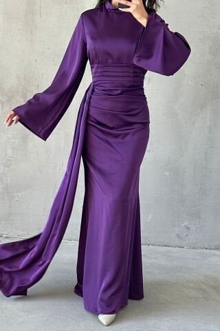 Kuyruk Detaylı Saten Tesettür Abiye Mor