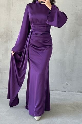 Kuyruk Detaylı Saten Tesettür Abiye Mor