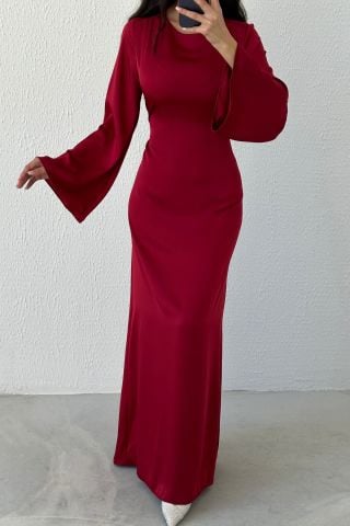 Basic Shiny Satin Hijab Evening Dress with Back Tie Detail Claret Red