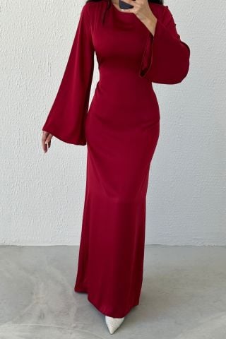 Arkadan Bağlama Detaylı Basic Saten Tesettür Abiye Bordo