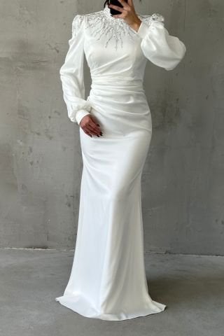 Unique Stone Embellished Waist Draped Satin Hijab Evening Dress Ecru
