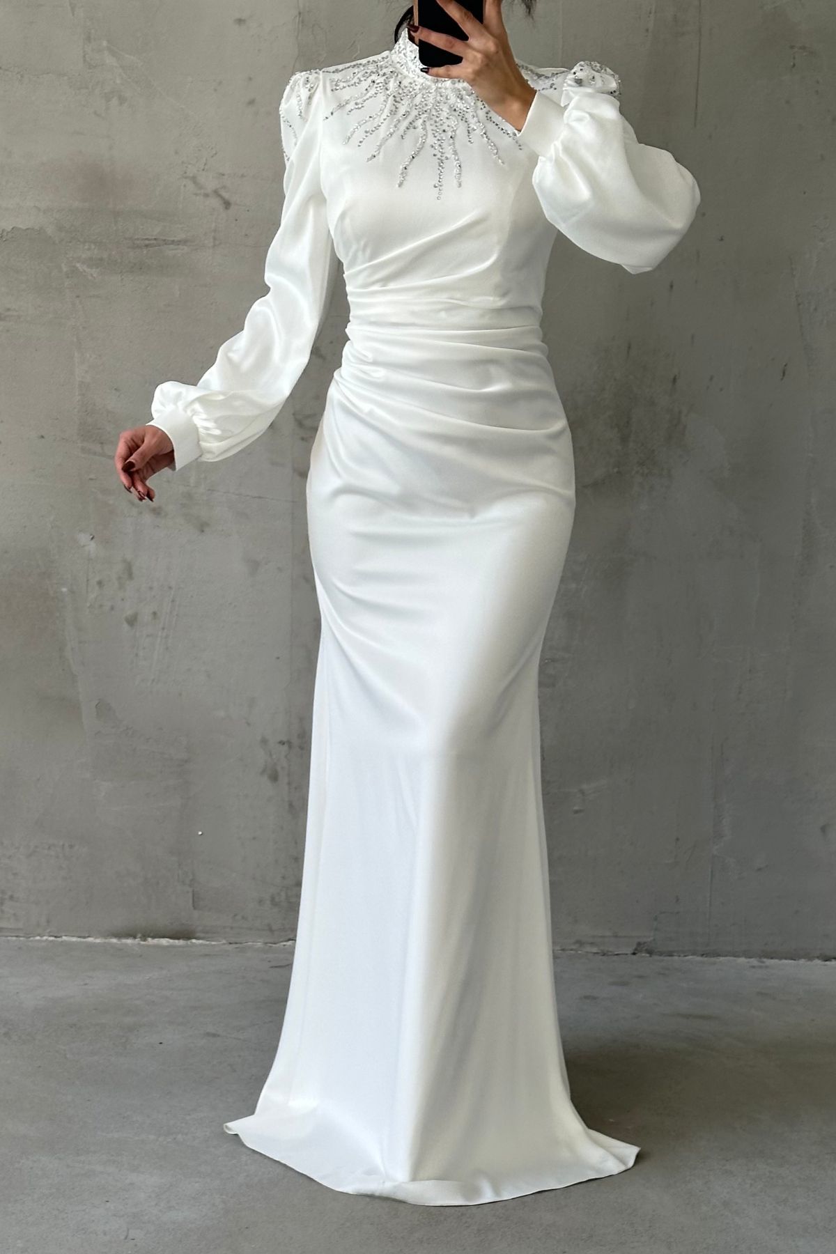 Unique Stone Embellished Waist Draped Satin Hijab Evening Dress Ecru