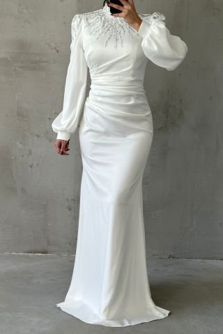 Unique Stone Embellished Waist Draped Satin Hijab Evening Dress Ecru