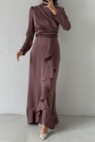 Belden Boncuk Detaylı Saten Tesettür Abiye Açık Vizon