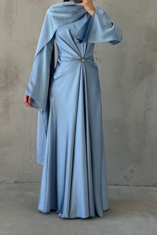Flowing Fabric and Brooch Detailed Satin Hijab Evening Dress Indigo