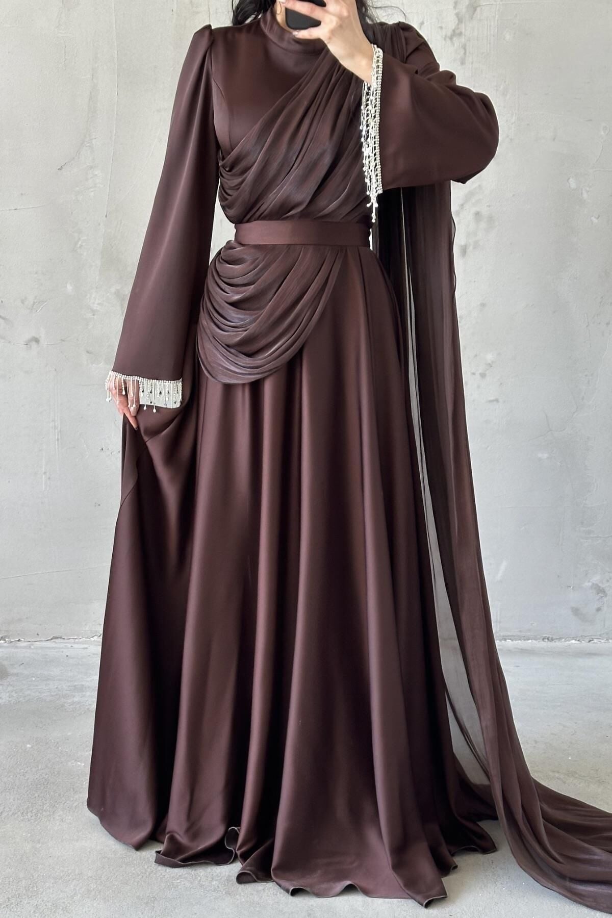 Elya Tesettür Abiye Kahverengi