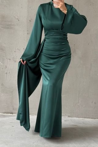 Tail Detailed Satin Hijab Evening Dress Green