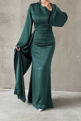 Tail Detailed Satin Hijab Evening Dress Green