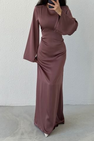 Basic Shiny Satin Hijab Evening Dress Mink with Back Tie Detail