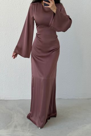 Basic Shiny Satin Hijab Evening Dress Mink with Back Tie Detail