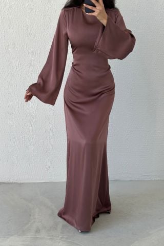 Basic Shiny Satin Hijab Evening Dress Mink with Back Tie Detail