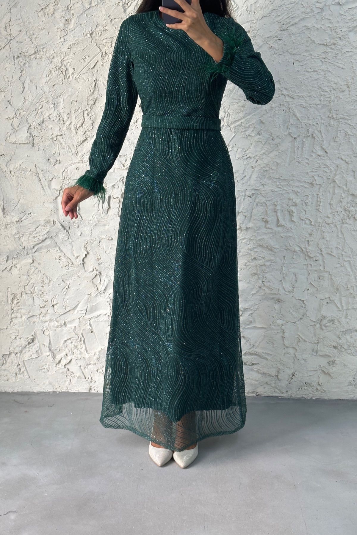 Sim Detaylı Kolu Tüylu Tesettür Abiye Yeşil