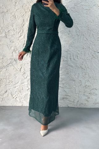 Sim Detaylı Kolu Tüylu Tesettür Abiye Yeşil