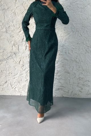 Sim Detaylı Kolu Tüylu Tesettür Abiye Yeşil