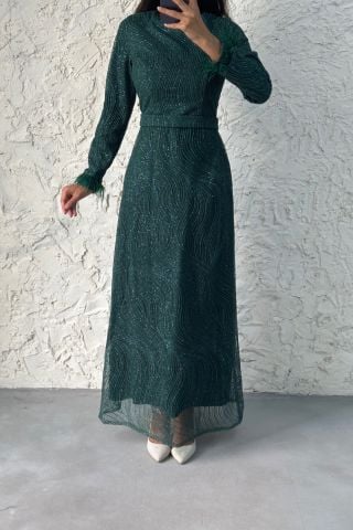 Glitter Detailed Feather Sleeve Hijab Evening Dress Green