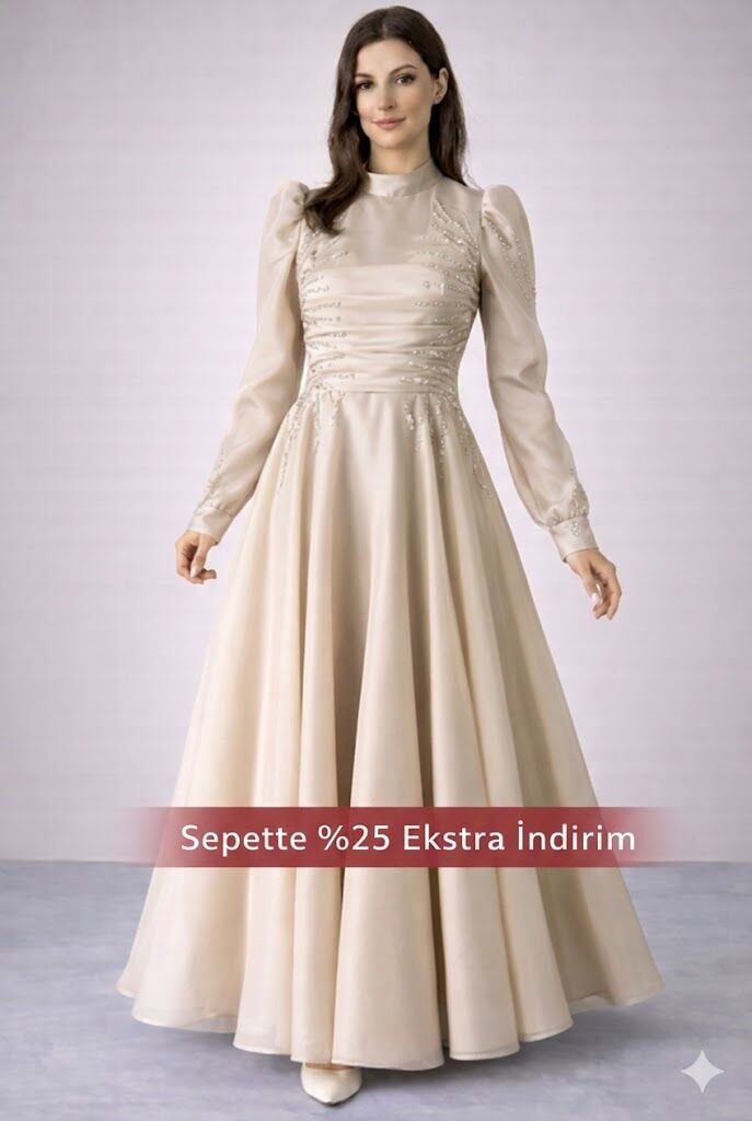 Zarif Taş İşlemeli Piliseli Organze Tesettür Abiye Taş