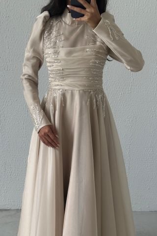 Zarif Taş İşlemeli Piliseli Organze Tesettür Abiye Taş