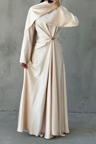 Flowing Fabric and Brooch Detailed Satin Hijab Evening Dress with Stone