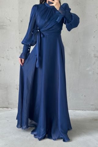Işıltılı Kol Ve Bel Detaylı Tesettür Abiye Lacivert