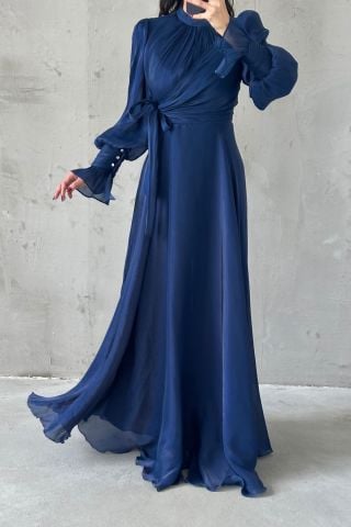 Işıltılı Kol Ve Bel Detaylı Tesettür Abiye Lacivert