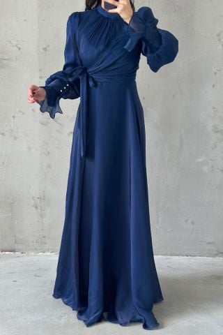 Işıltılı Kol Ve Bel Detaylı Tesettür Abiye Lacivert