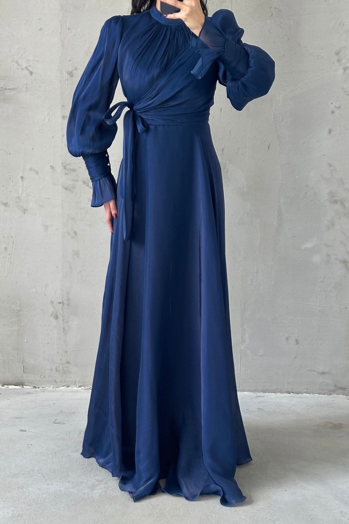 Işıltılı Kol Ve Bel Detaylı Tesettür Abiye Lacivert