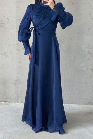 Işıltılı Kol Ve Bel Detaylı Tesettür Abiye Lacivert