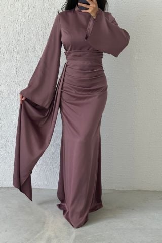 Tail Detailed Satin Hijab Evening Dress Mink
