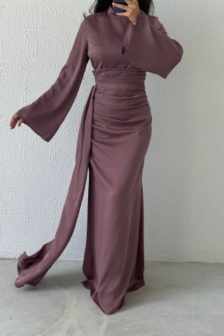 Kuyruk Detaylı Saten Tesettür Abiye Vizon