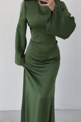 Basic Shiny Satin Hijab Evening Dress Khaki with Back Tie Detail