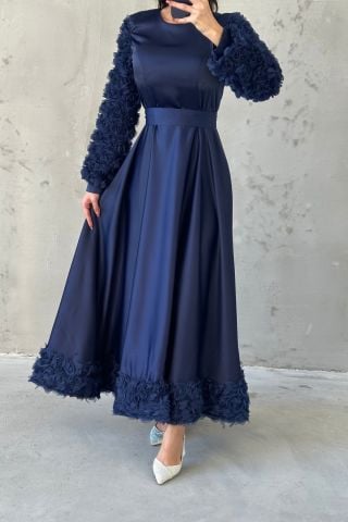 Satin Hijab Evening Dress with Hem and Sleeve Details Navy Blue