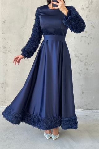 Etek Ucu ve Kol Detaylı Saten Tesettür Abiye Lacivert