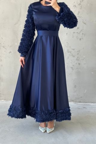 Etek Ucu ve Kol Detaylı Saten Tesettür Abiye Lacivert