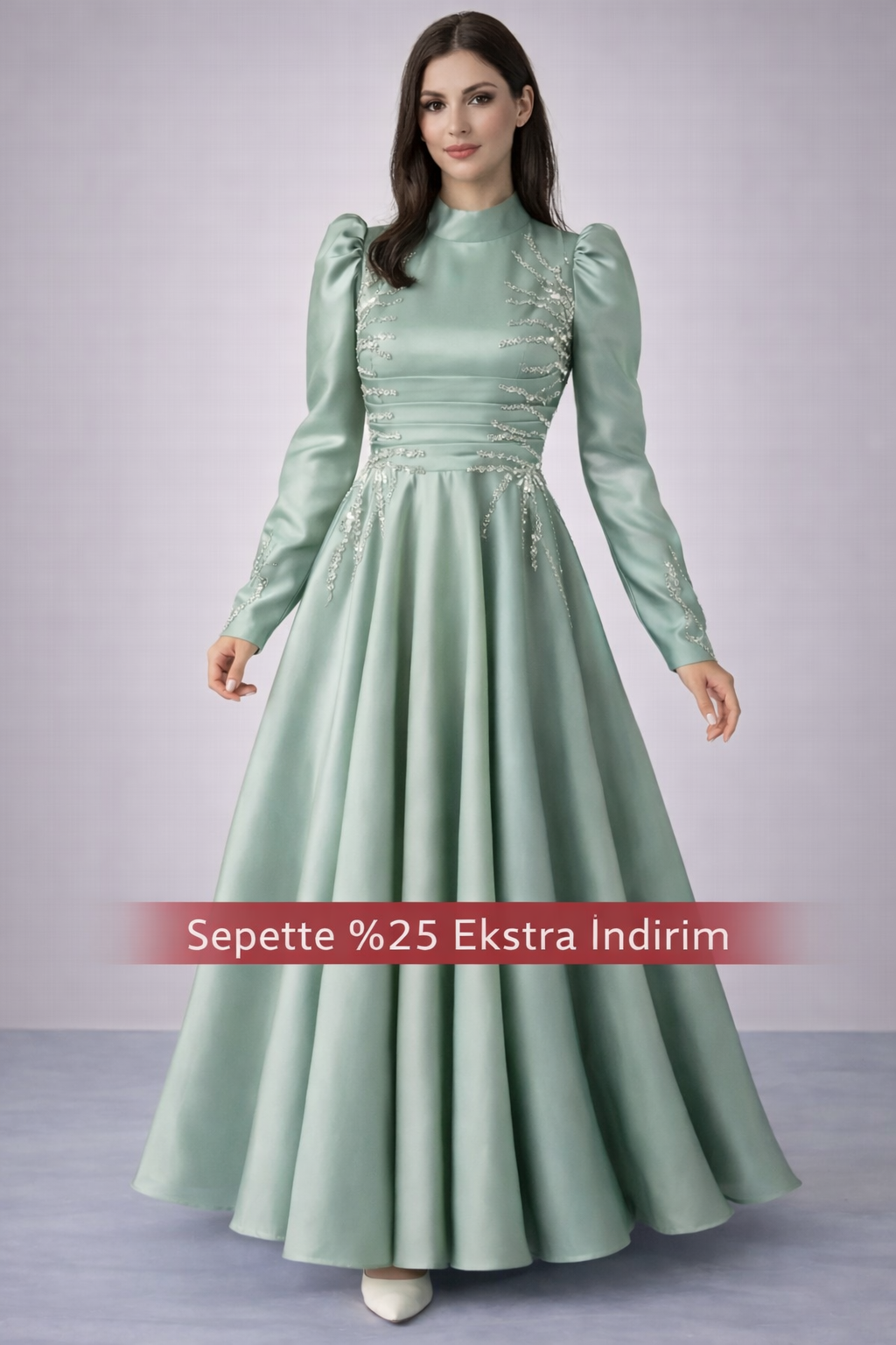 Zarif Taş İşlemeli Piliseli Organze Tesettür Abiye Mint Yeşili