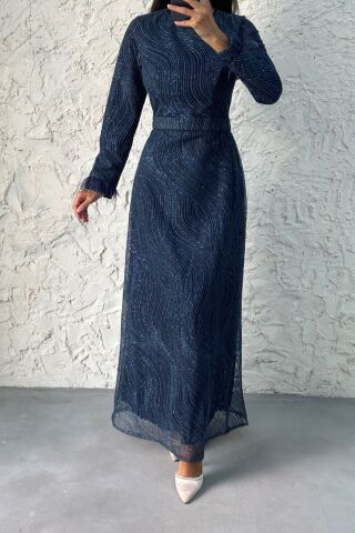 Glitter Detailed Feather Sleeve Hijab Evening Dress Navy Blue