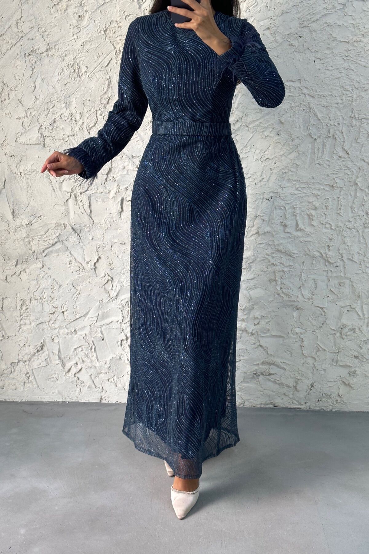 Glitter Detailed Feather Sleeve Hijab Evening Dress Navy Blue