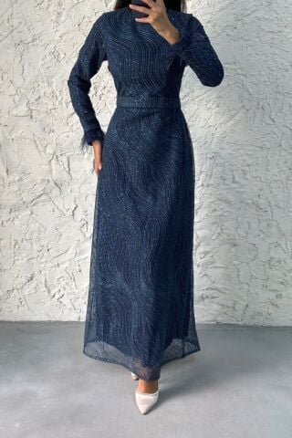 Glitter Detailed Feather Sleeve Hijab Evening Dress Navy Blue