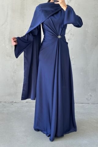 Flowing Fabric and Brooch Detailed Satin Hijab Evening Dress Navy Blue